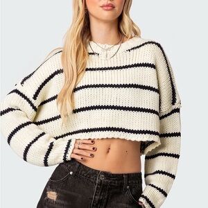 Edikted Black and Cream Striped Cropped Sweater